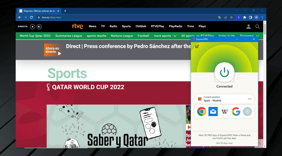 Expressvpn متصل بإسبانيا لمشاهدة مباراة أوروجواي وكوريا الجنوبية على rtve