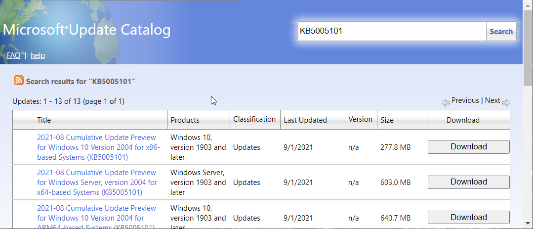 Microsoft Update-Katalog Einige Update-Dateien fehlen oder haben Probleme