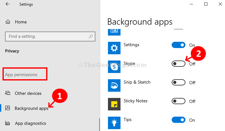Datenschutz App-Berechtigungen Hintergrund-Apps Skype Toggle Off