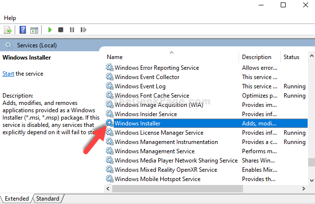 Usługi Kolumna nazwy po prawej stronie Instalator Windows Podwójne kliknięcie