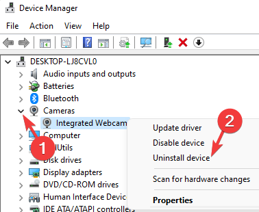 Faceți clic dreapta pe Webcam integrat și selectați dezinstalare dispozitiv