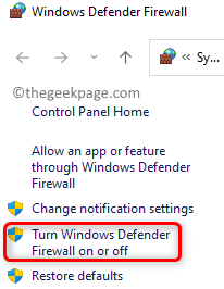 Windows ugniasienė Pasirinkite Įjungti arba išjungti užkardą Min