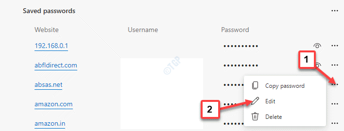 Edge Password Saved Passwords Уебсайт Три точки Редактиране