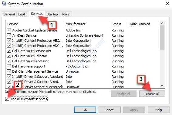 Fliken Systemkonfigurationstjänster Dölj alla Microsoft-tjänster Markera Avaktivera alla