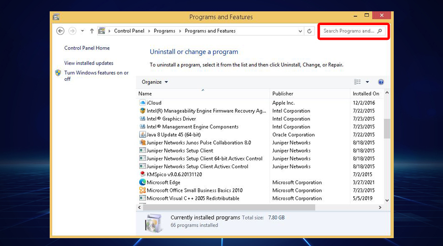 Windows zeigt Programme und Funktionen Softether VPN-Suche an