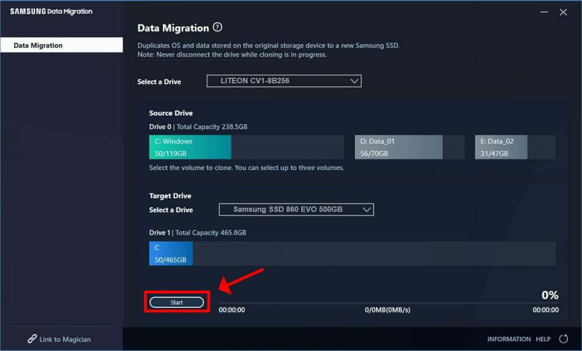 Operação inicial do Samsung Data Migration