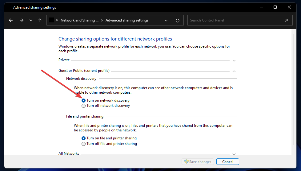 Опцията за включване на мрежово откриване на Windows 11 хронология на файловете