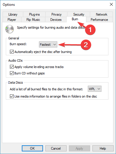 põletuskiirus Windows Media Player ei saa plaadile kirjutada, kuna draiv on kasutusel