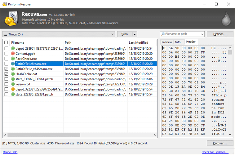 Echa un vistazo a la ventana principal de Piriform Recuva