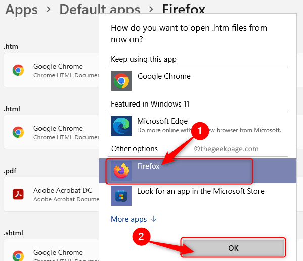 Aplikacije Privzete aplikacije Firefox Izberite Vrsta datoteke Htm Izberite Izbirno aplikacijo Min