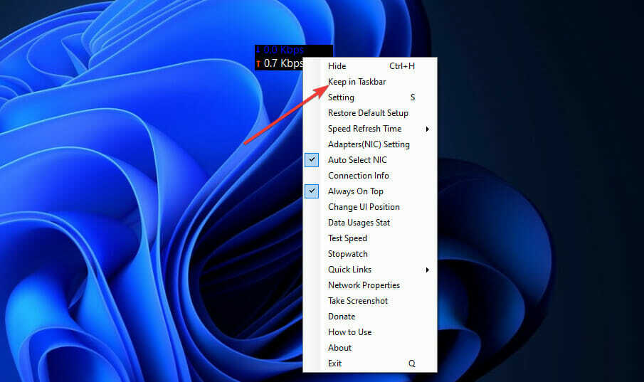 Laikykite užduočių juostos parinktį „Windows 11“ tinklo greičio monitorius