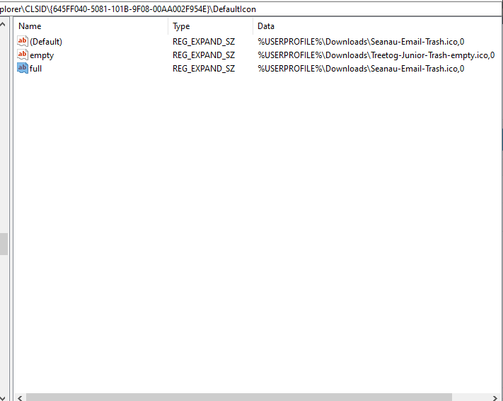 As strings de DefaultIcon editadas ícone da lixeira personalizada do windows 10 não são atualizadas