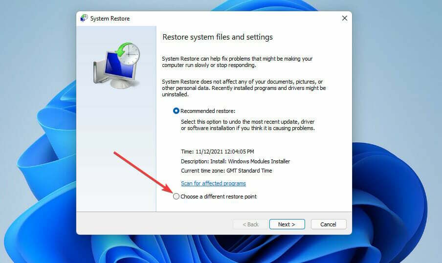 Izberite drugo možnost obnovitvene točke Zaslon na dotik Windows 11 ne deluje