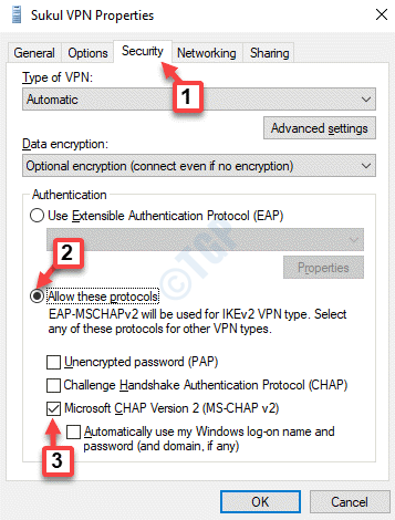 VPN-Eigenschaften Sicherheit Diese Protokolle zulassen Microsoft Kapitel Version 2 (ms Kapitel V2) Ok