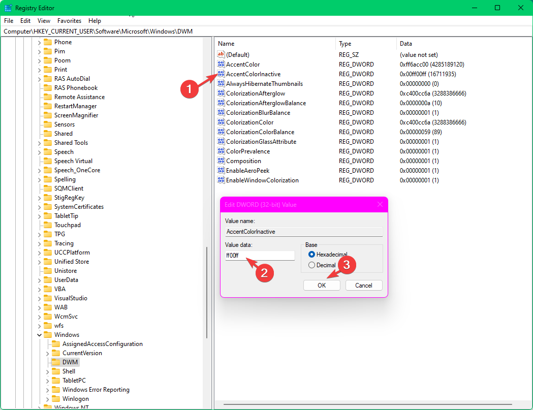 regedit_inactive прозорец промяна на цвета на заглавната лента на Windows 11