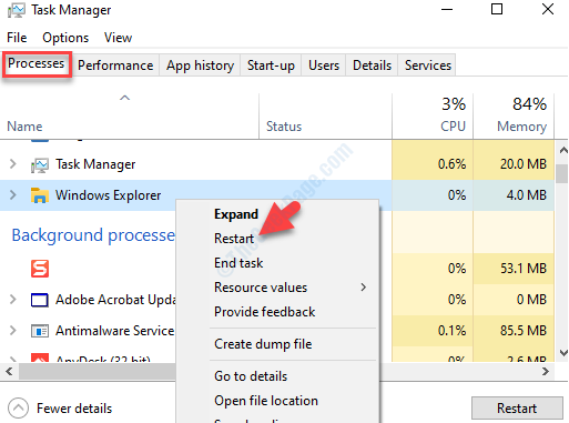 عمليات إدارة المهام علامة التبويب تطبيقات Windows Explorer انقر بزر الماوس الأيمن فوق إعادة التشغيل