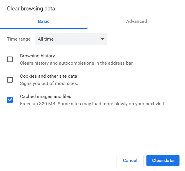 Opções de limpeza de dados de navegação do Chrome para as quais você não tem permissão de acesso neste servidor