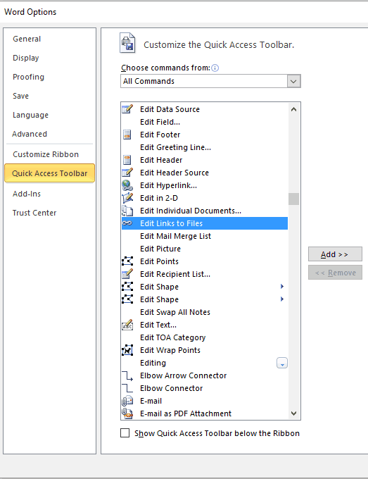Microsoft vārdu rediģēšanas saites uz failiem