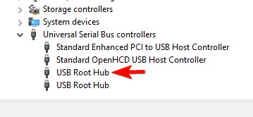 USB root hub მოწყობილობის თვისებები მოწყობილობის მენეჯერი