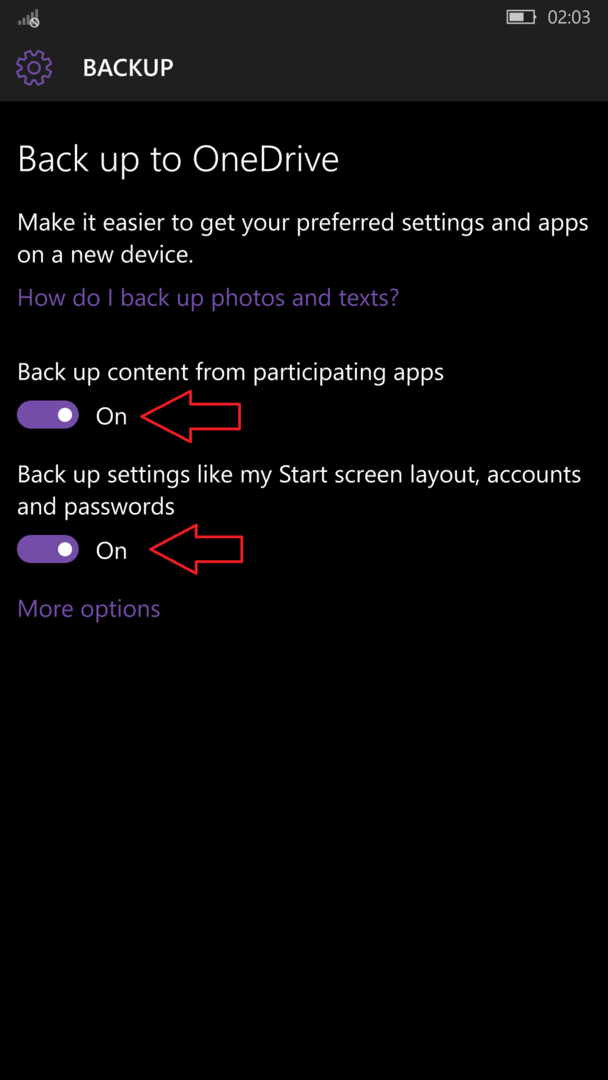 Készítsen biztonsági másolatot a Windows 10 telefonról a OneDrive használatával