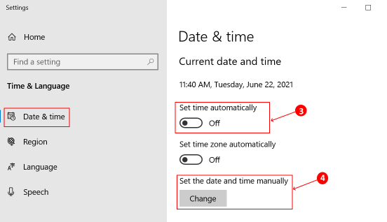 Chyba pri spustení obchodu MS Store Prepnúť dátum a čas Min