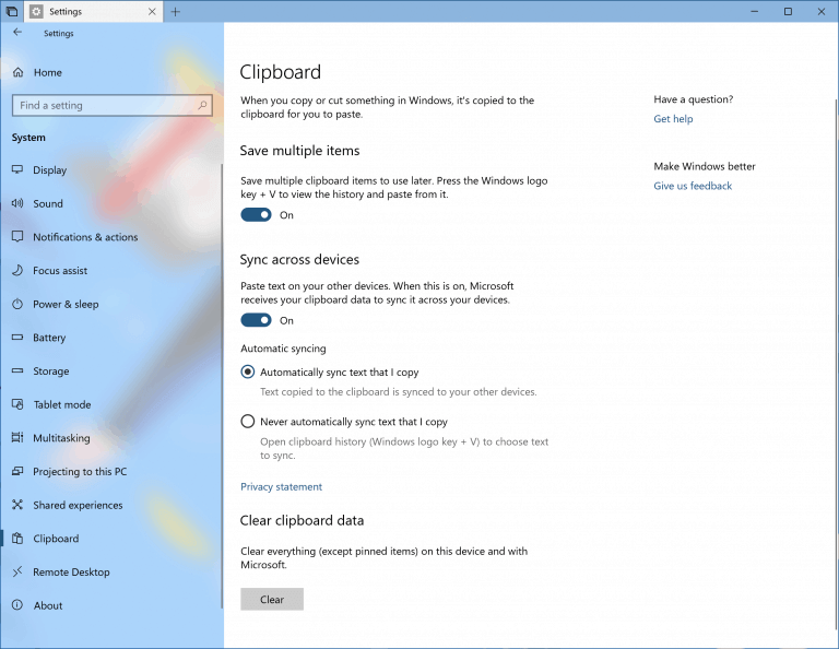 odložišče Windows 10