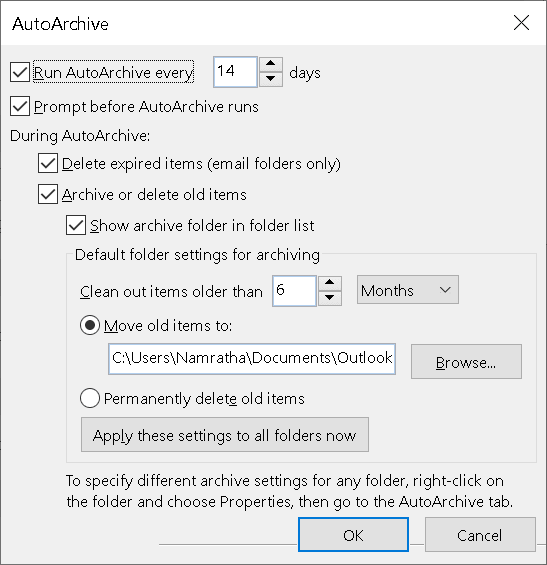 Outlook automātiskās arhivēšanas min