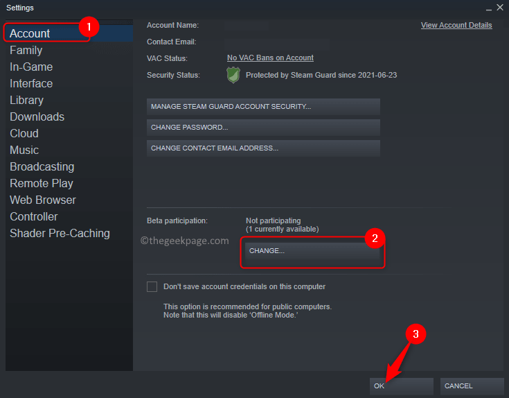 Configuración de Steam Cambio de cuenta Beta Participación mínima