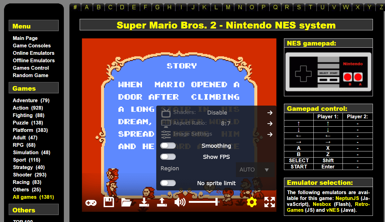전설적인 비디오 게임 온라인 웹 사이트는 온라인으로 NES 게임을한다