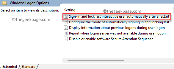 Opcje logowania do systemu Windows Zaloguj się i zablokuj ostatniego interaktywnego użytkownika automatycznie po ponownym uruchomieniu