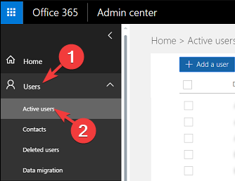 proširite korisnike na Microsoftov centar administracije i odaberite aktivne korisnike