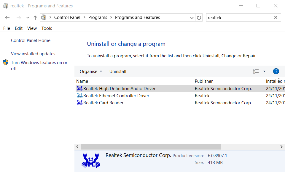 Una ricerca Realtek reinstalla il driver audio Windows 10 -> E, affiliato
