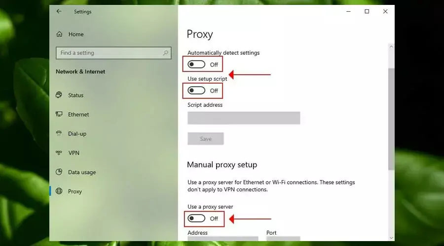 nonaktifkan proxy di Windows 10