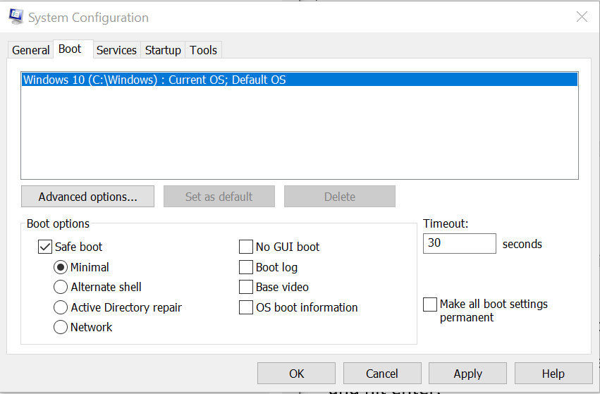 Vikasietotila - turvallinen käynnistys Windows 10