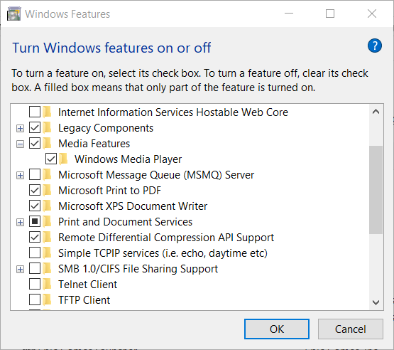 Windows-Features-Fenster Windows Media Player Server-Ausführung fehlgeschlagen