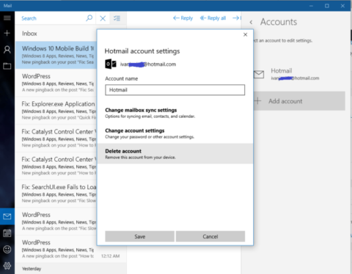 Le impostazioni non sono aggiornate nell'app di posta universale di Windows 10