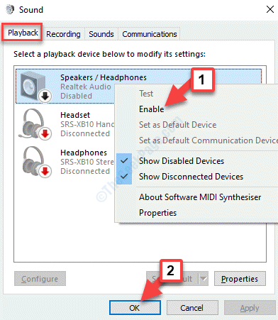 Dispositivo di riproduzione audio Fare clic con il pulsante destro del mouse Abilita Ok