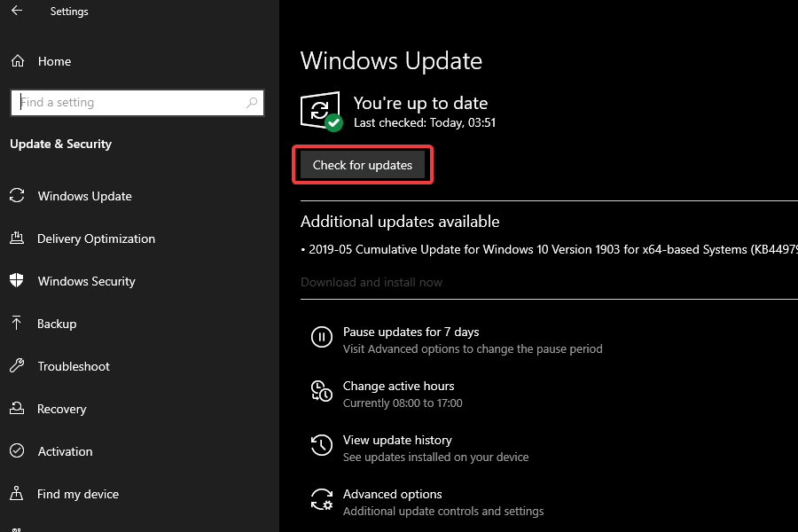 skontrolujte dostupnosť aktualizácií systému Windows podľa pokynov v referenčnej pamäti systému Windows 10