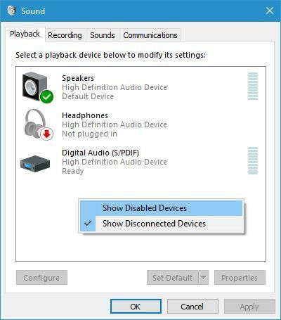 tampilkan jendela suara perangkat yang dinonaktifkan Perangkat audio dinonaktifkan pada Windows 10 