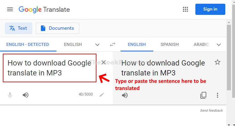 Google Translate escribe o copia una oración en el espacio vacío