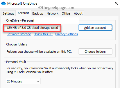 Microsoft Onedrive iestatījumu konta cilnes Pārbaudiet krātuvi