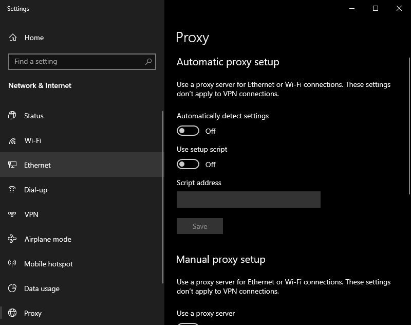 Poista välityspalvelin Windows 10: n asetuksista yhteys hylätty -virhe kromissa