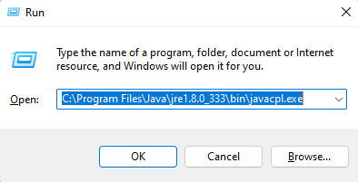 otvorte ovládací panel Java pomocou príkazu run
