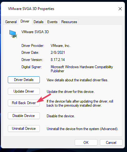 klõpsake Windows 11 draiveri tagasipööramiseks