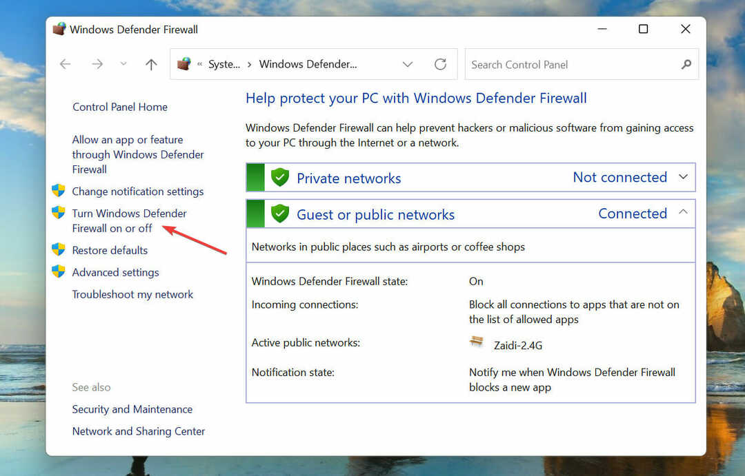 ჩართეთ ან გამორთეთ Windows Defender Firewall