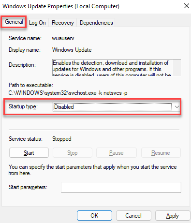 คุณสมบัติของ Windows Update ทั่วไป ประเภทการเริ่มต้น ปิดการใช้งาน ใช้งาน ตกลง