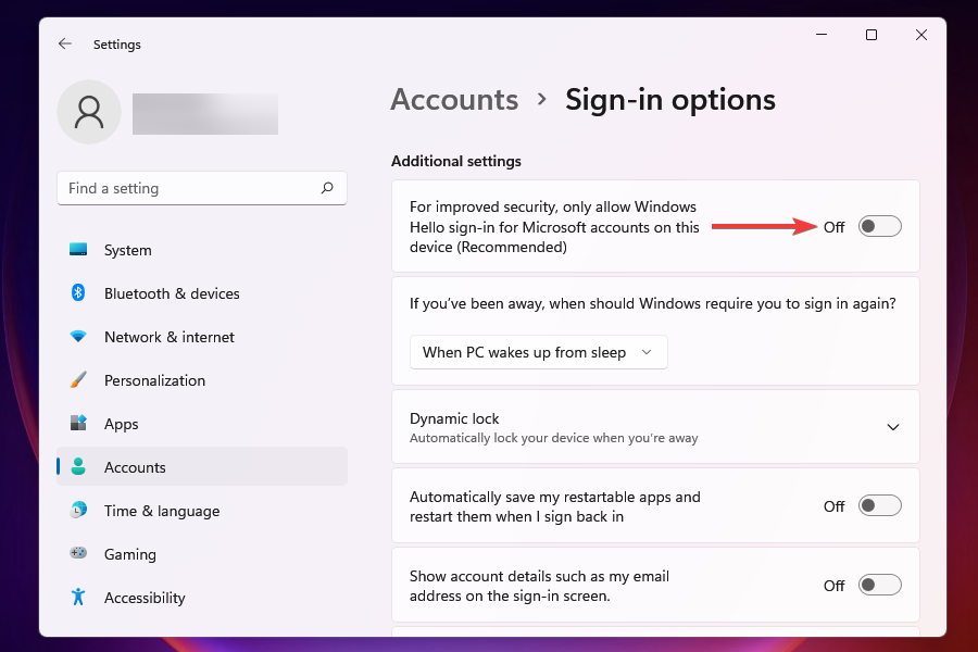 قم بتعطيل خيار تسجيل الدخول إلى Windows Hello فقط