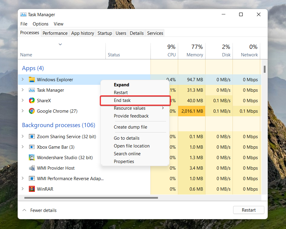 File Explorer ei reageeri Windows 11-le