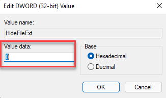 Rediger Dword (32 bit) Værdi Værdi Data 0 For at vise filudvidelser Ok