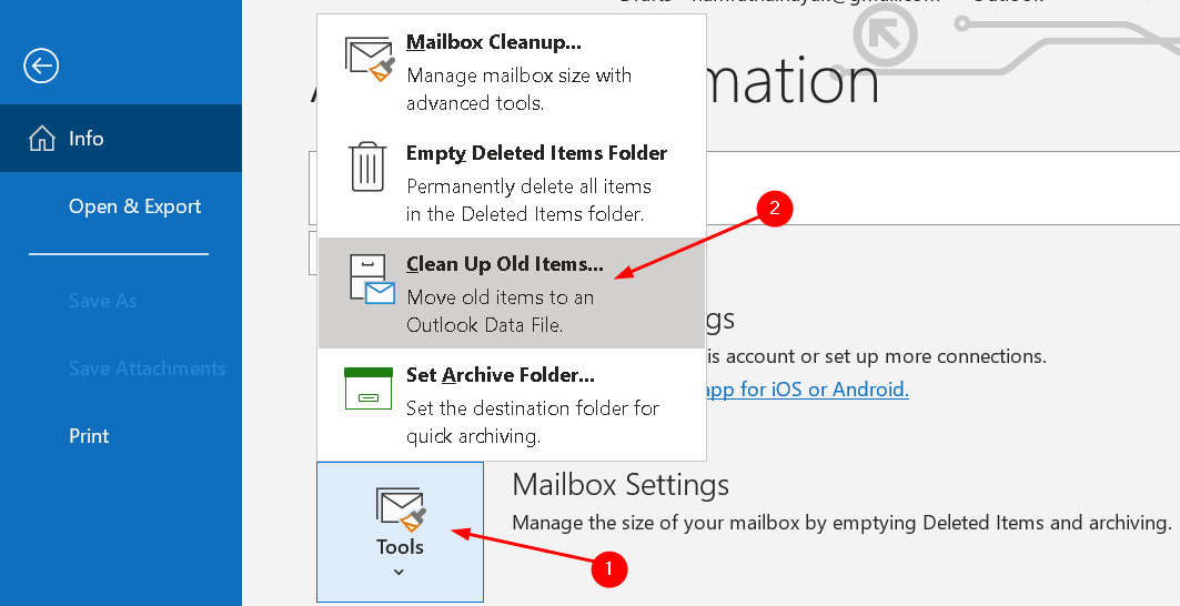 „Outlook“ rankinis failų archyvavimo įrankių meniu Min